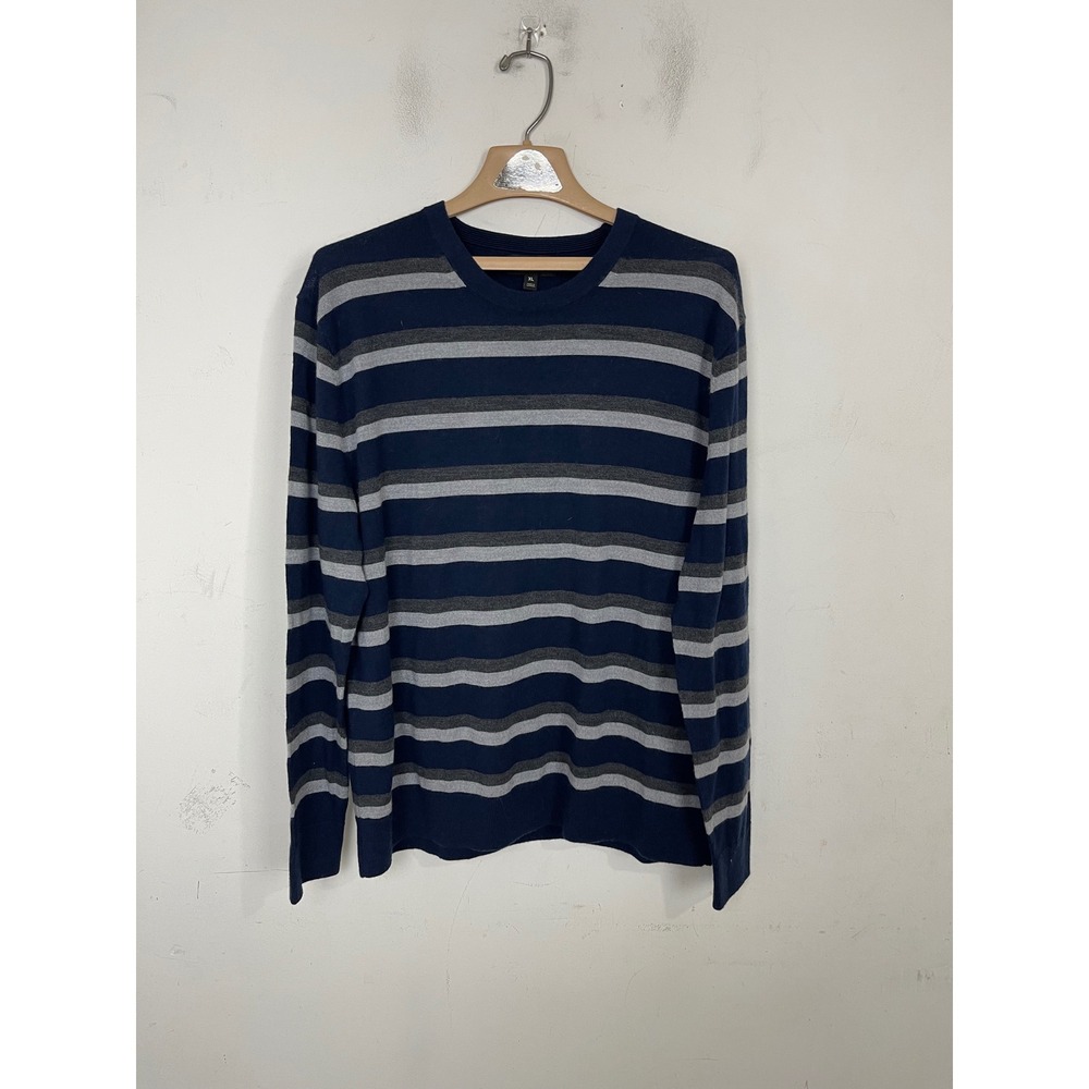Banana Republic Mens XL Merino Wool Striped Sweater Navy Blue Grey Long Sleeve